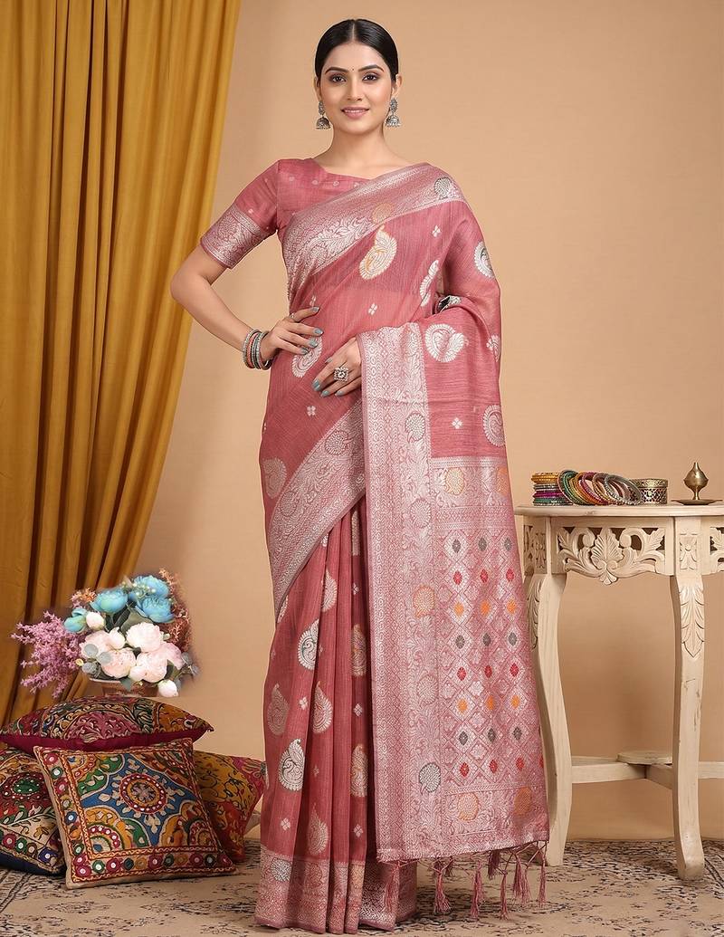 Peach linen woven work saree with blouse