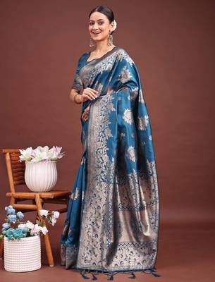 Blue banarasi silk woven work saree with blouse 2