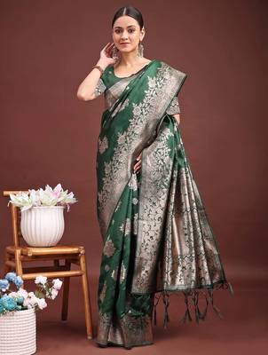 Dark green banarasi silk woven work saree with blouse 1