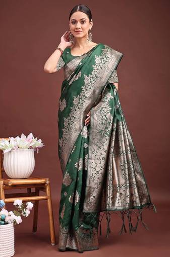 Dark green banarasi silk woven work saree with blouse