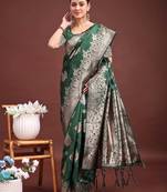Dark green banarasi silk woven work saree with blouse