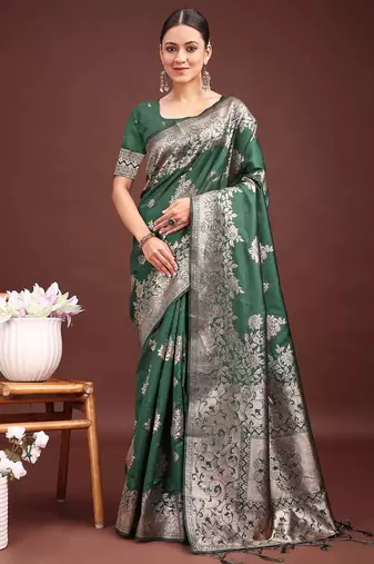 Dark green banarasi silk woven work saree with blouse