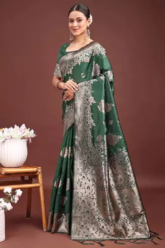 Dark green banarasi silk woven work saree with blouse