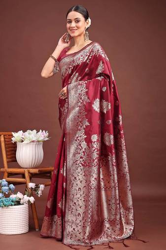 Maroon banarasi silk woven work saree with blouse