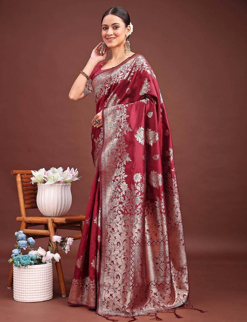 Maroon banarasi silk woven work saree with blouse