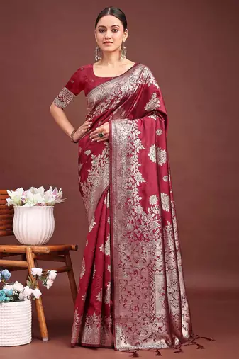 Maroon banarasi silk woven work saree with blouse
