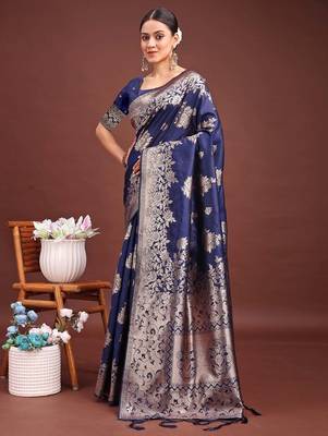 Navy banarasi silk woven work saree with blouse 1