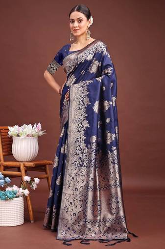Navy banarasi silk woven work saree with blouse
