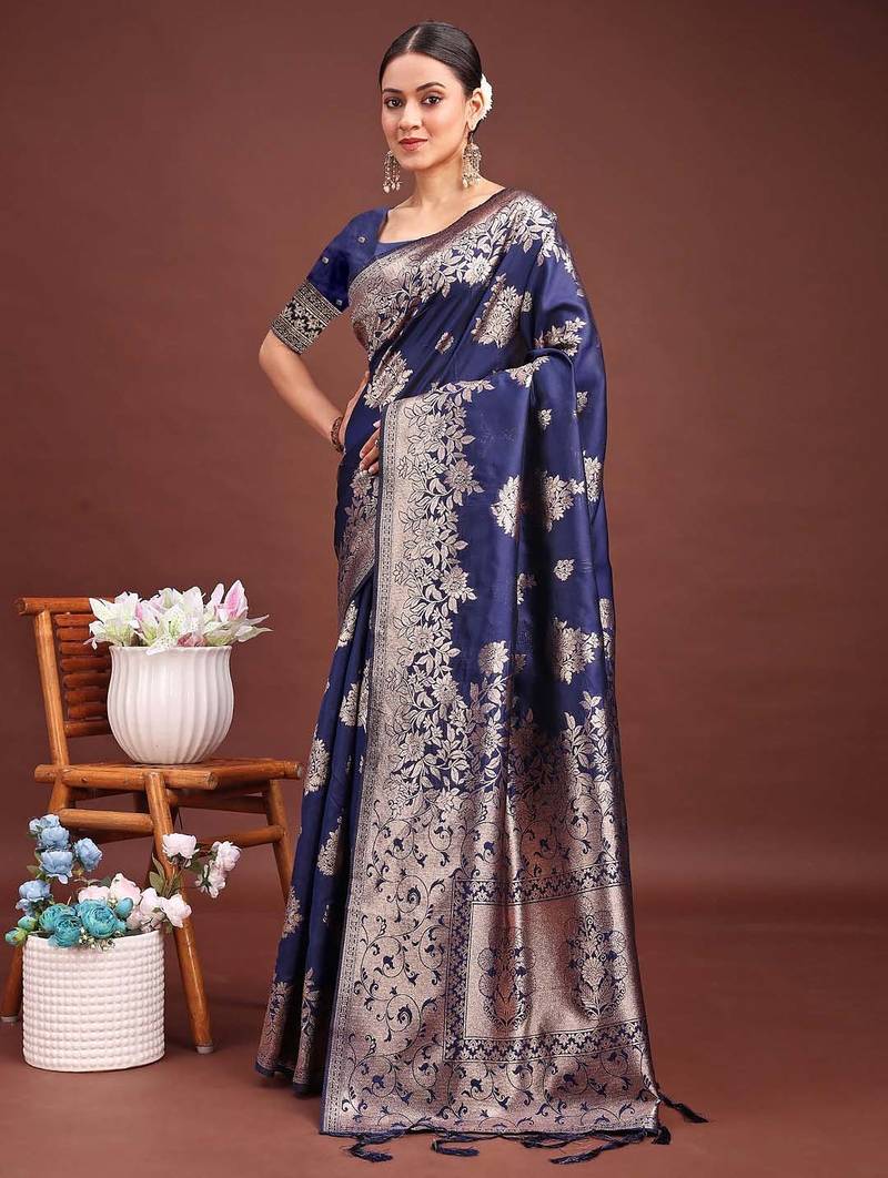 Navy banarasi silk woven work saree with blouse