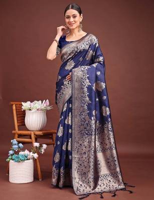 Navy banarasi silk woven work saree with blouse 3