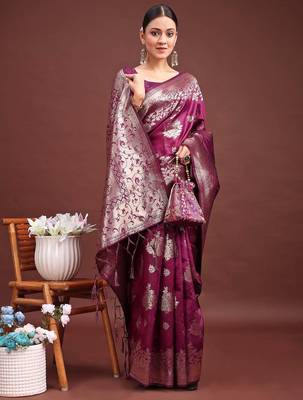 Purple banarasi silk woven work saree with blouse 1