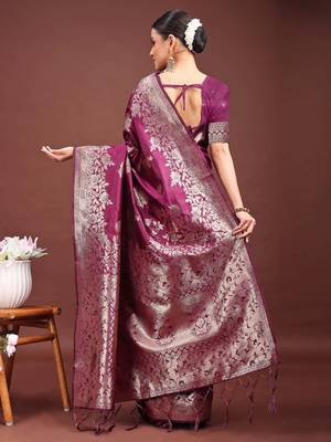 Purple banarasi silk woven work saree with blouse 4