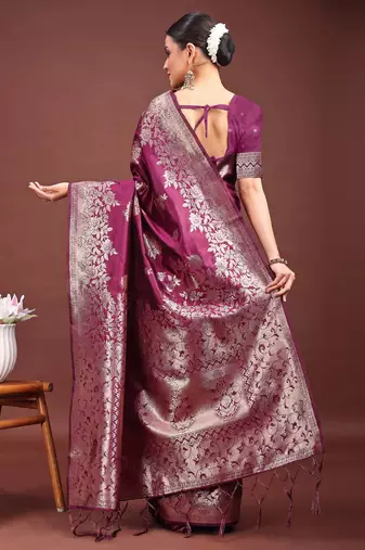 Purple banarasi silk woven work saree with blouse