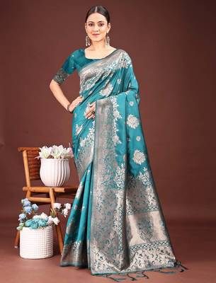 Turquoise banarasi silk woven work saree with blouse 1