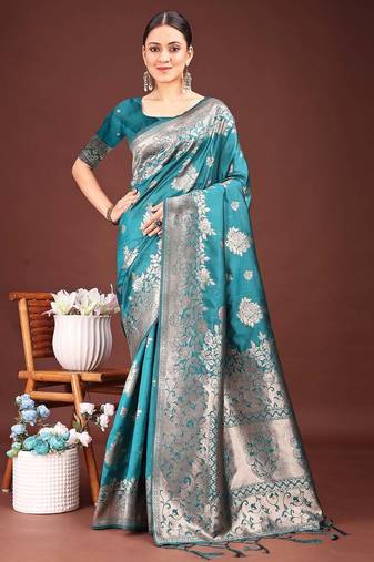 Turquoise banarasi silk woven work saree with blouse