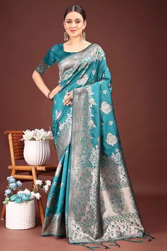 Turquoise banarasi silk woven work saree with blouse