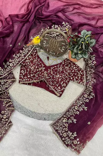 Plum Color Sequins with Jari Thread Embroidery Work Chiffon Silk Saree