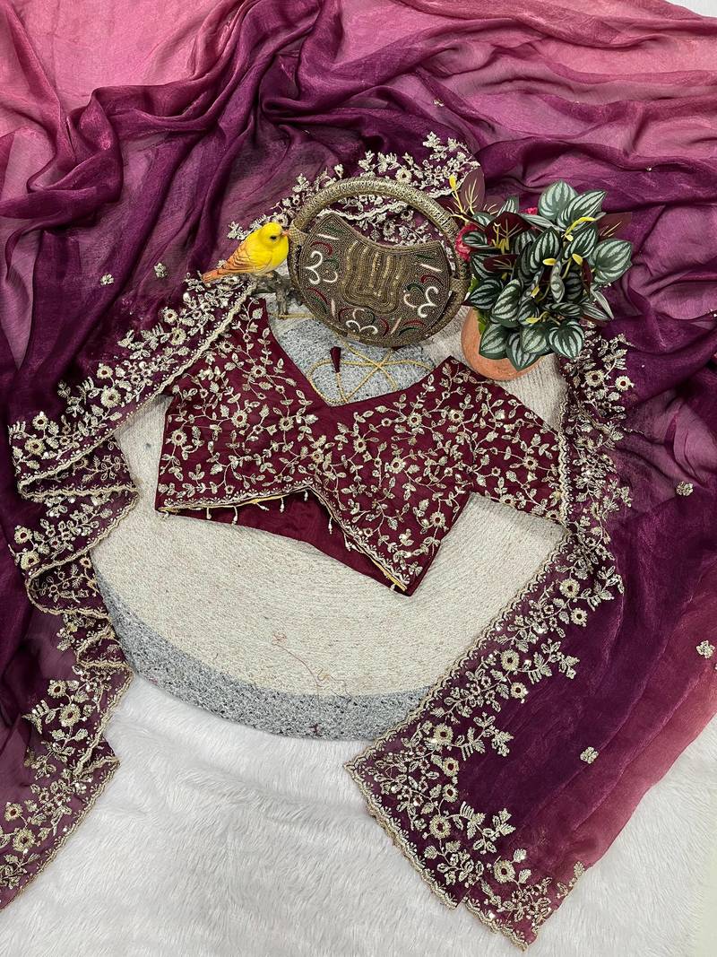 Plum Color Sequins with Jari Thread Embroidery Work Chiffon Silk Saree