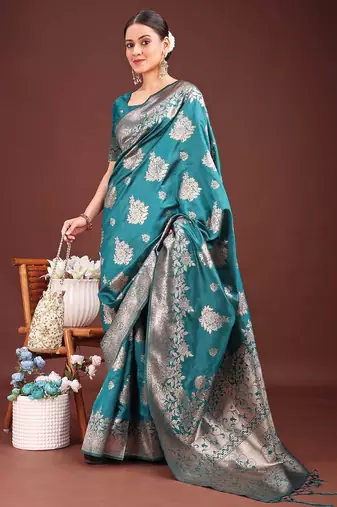 Turquoise banarasi silk woven work saree with blouse