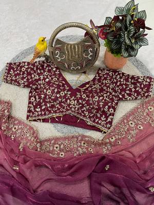 Plum Color Sequins with Jari Thread Embroidery Work Chiffon Silk Saree 2
