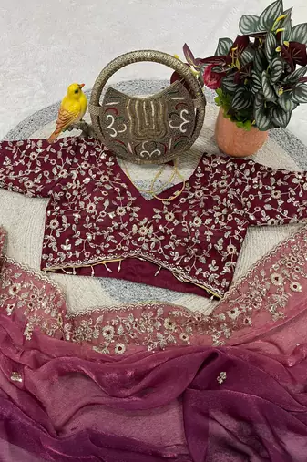 Plum Color Sequins with Jari Thread Embroidery Work Chiffon Silk Saree