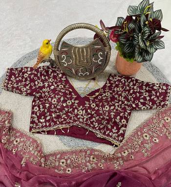 Plum Color Sequins with Jari Thread Embroidery Work Chiffon Silk Saree 3