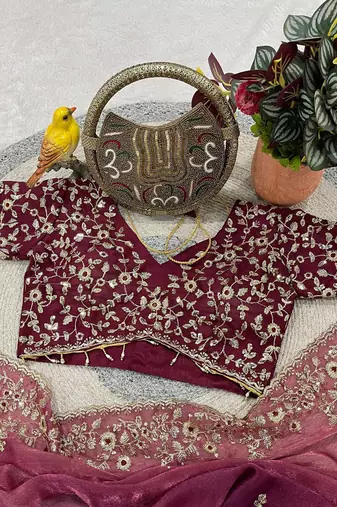 Plum Color Sequins with Jari Thread Embroidery Work Chiffon Silk Saree