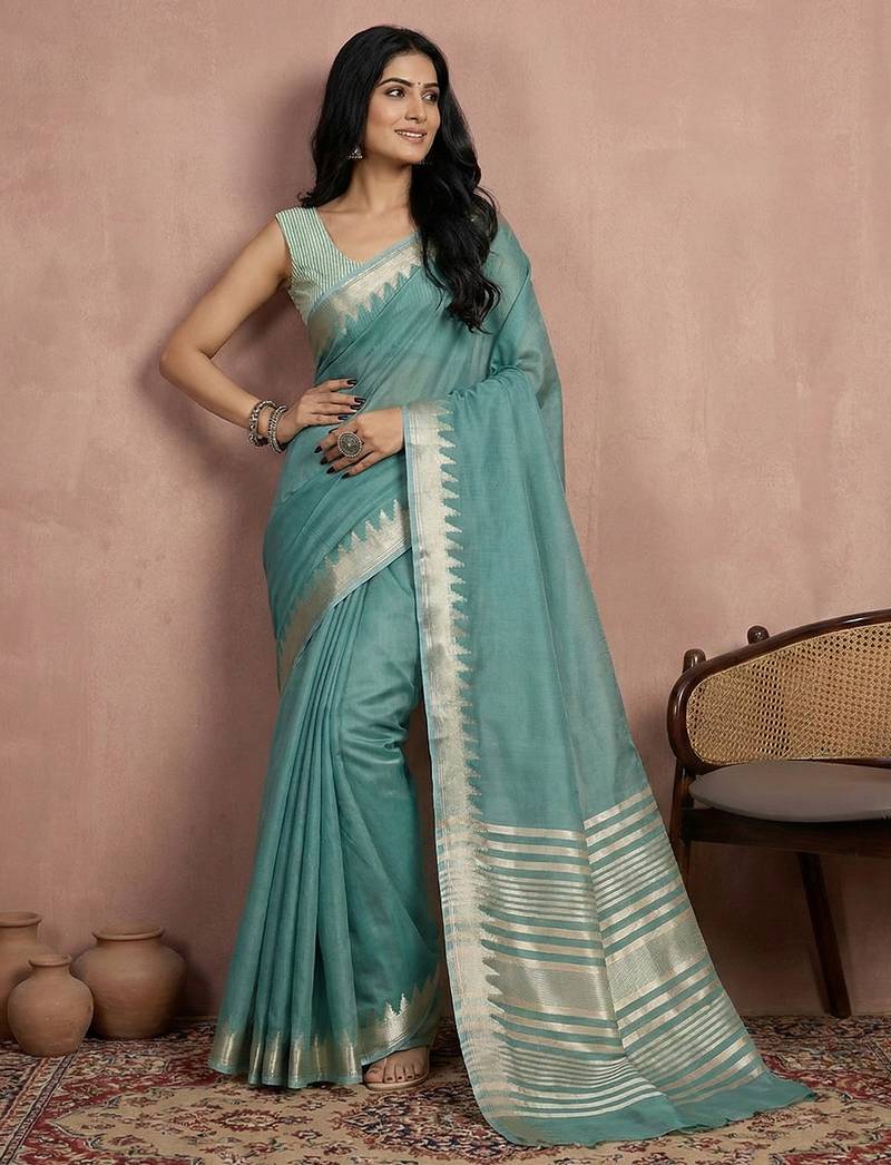 Blue cotton saree with blouse