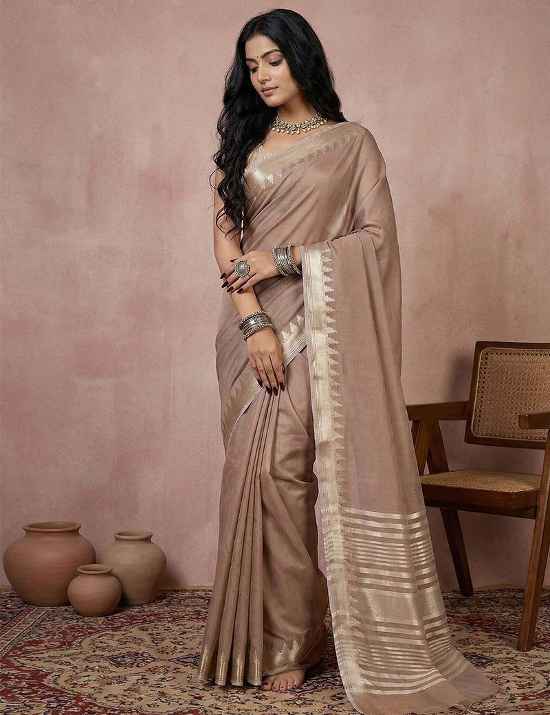 Brown cotton saree with blouse