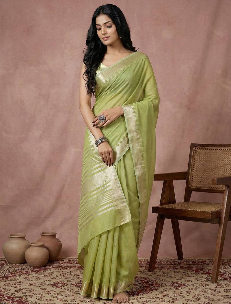 Green cotton saree with blouse
