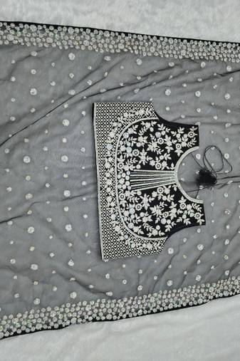 Black Color Embroidery And Sequins Work With Full Hand Pearl Work Butterfly Soft Net Saree