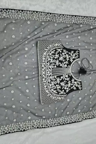 Black Color Embroidery And Sequins Work With Full Hand Pearl Work Butterfly Soft Net Saree
