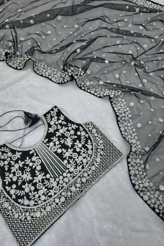 Black Color Embroidery And Sequins Work With Full Hand Pearl Work Butterfly Soft Net Saree
