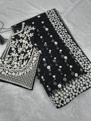 Black Color Embroidery And Sequins Work With Full Hand Pearl Work Butterfly Soft Net Saree 3