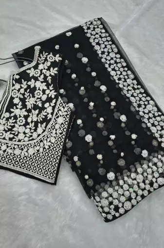 Black Color Embroidery And Sequins Work With Full Hand Pearl Work Butterfly Soft Net Saree