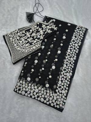 Black Color Embroidery And Sequins Work With Full Hand Pearl Work Butterfly Soft Net Saree 4
