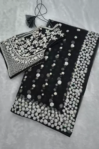 Black Color Embroidery And Sequins Work With Full Hand Pearl Work Butterfly Soft Net Saree