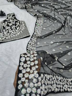 Black Color Embroidery And Sequins Work With Full Hand Pearl Work Butterfly Soft Net Saree 5