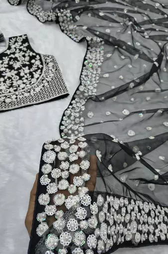Black Color Embroidery And Sequins Work With Full Hand Pearl Work Butterfly Soft Net Saree