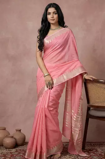 Pink cotton saree with blouse