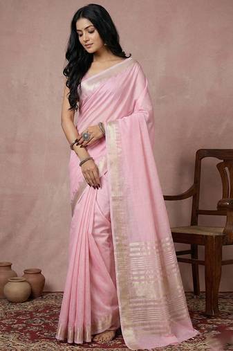 Pink cotton saree with blouse