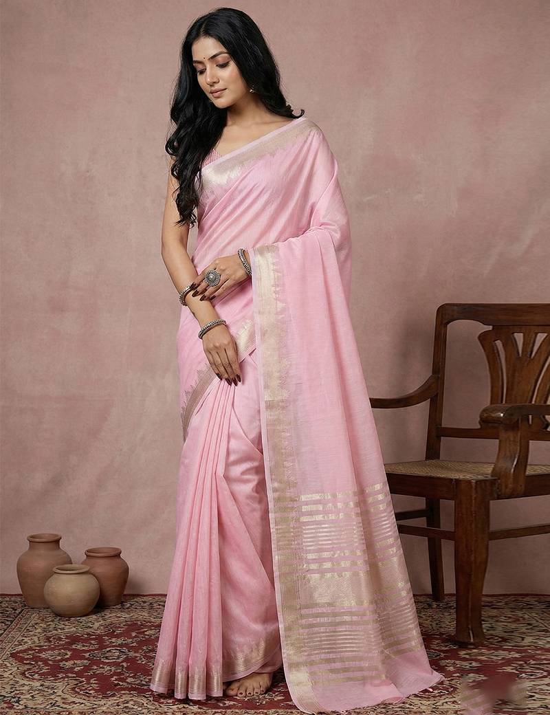 Pink cotton saree with blouse