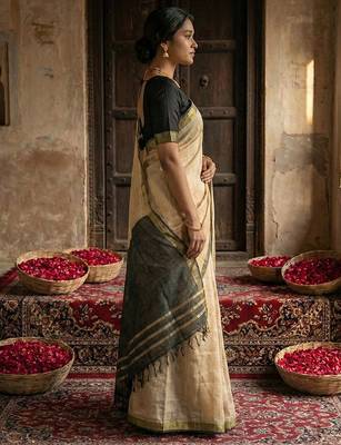Cream cotton printed saree with blouse 2