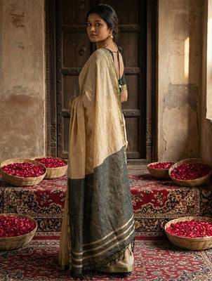 Cream cotton printed saree with blouse 3