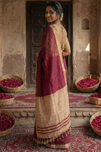 Maroon cotton printed saree with blouse