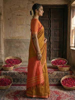 Mustard cotton printed saree with blouse 2