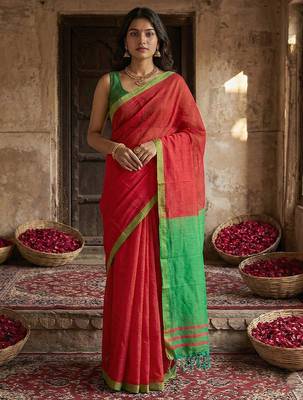 Red cotton printed saree with blouse 1