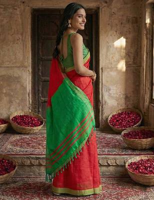 Red cotton printed saree with blouse 2