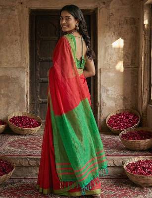 Red cotton printed saree with blouse 3