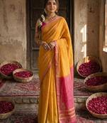 Yellow cotton printed saree with blouse
